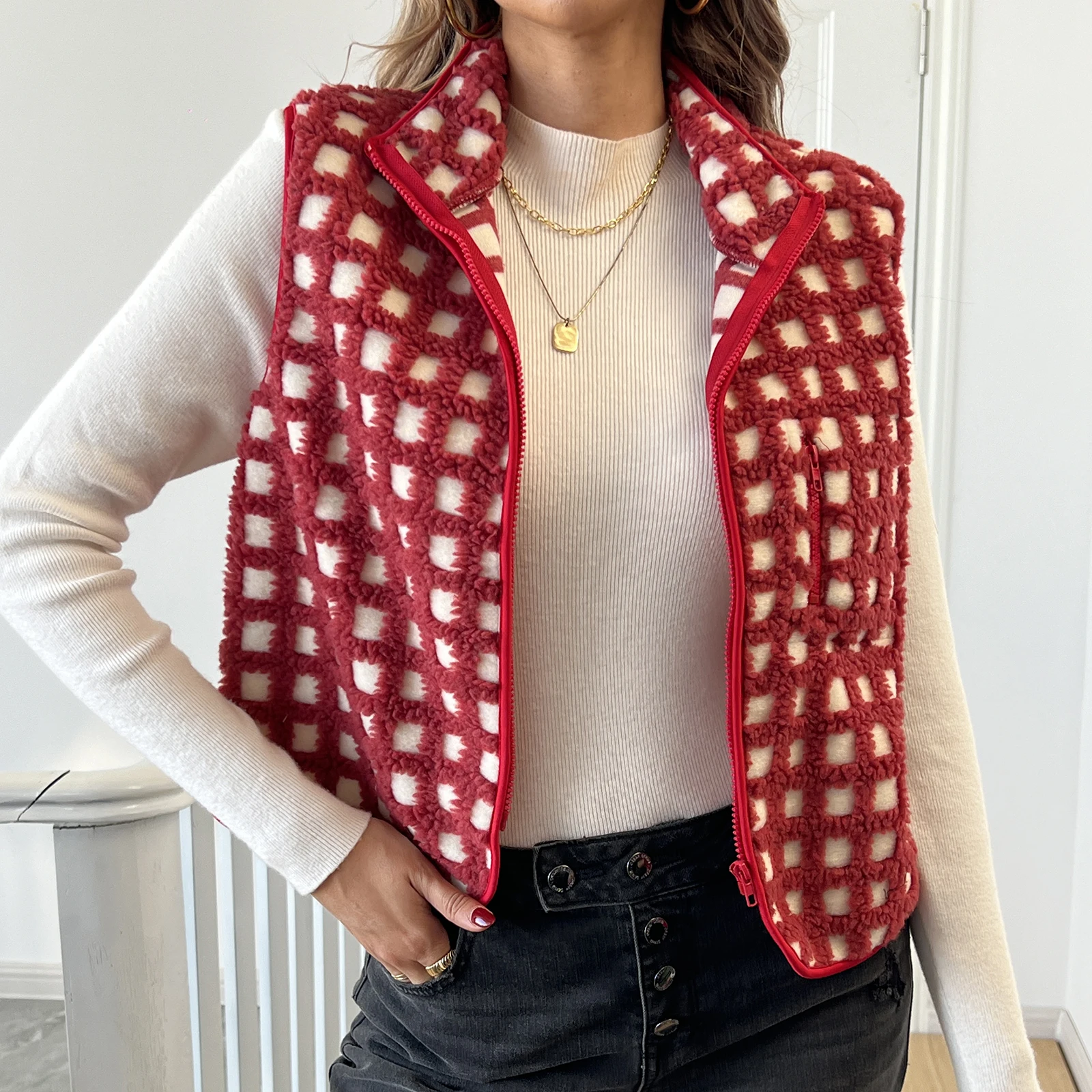 Dames fuzzy geruit vest mouwloos opstaande kraag vest met ritssluiting losse lente herfst warme uitloper