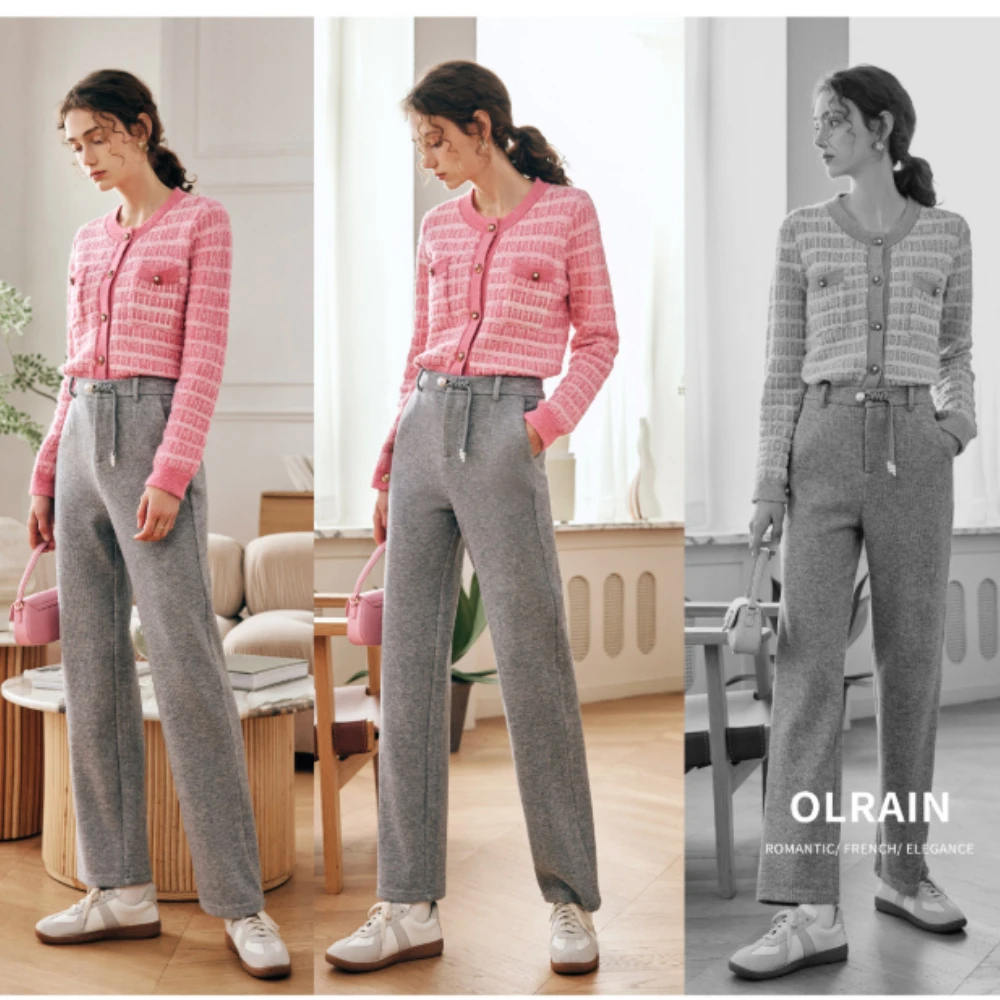 OLrain Woman Slim Fit Knit Pants Casual Winter 2025 Tassel Button Straight Trousers Sporty High Waist Long Lady Pants O57QK65655