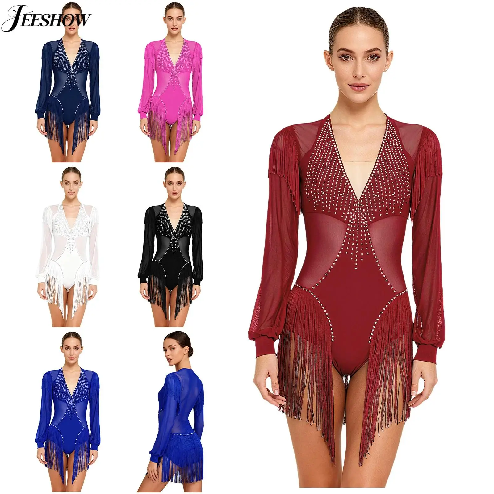 

Женский боди для латиноамериканских танцев с бахромой, прозрачной сеткой и вставками, с длинными рукавами, с открывающимся вырезом в промежности, для сальсы, самбы, танго, ча-ча-ча
