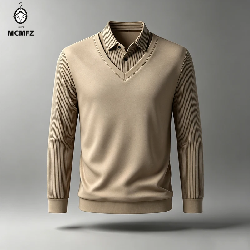 Mens Business Fake Two‑Piece Pullover Shirt Collar V Neck Ribbed Long Sleeve For Travel Shopping Urban Daily Dressing
