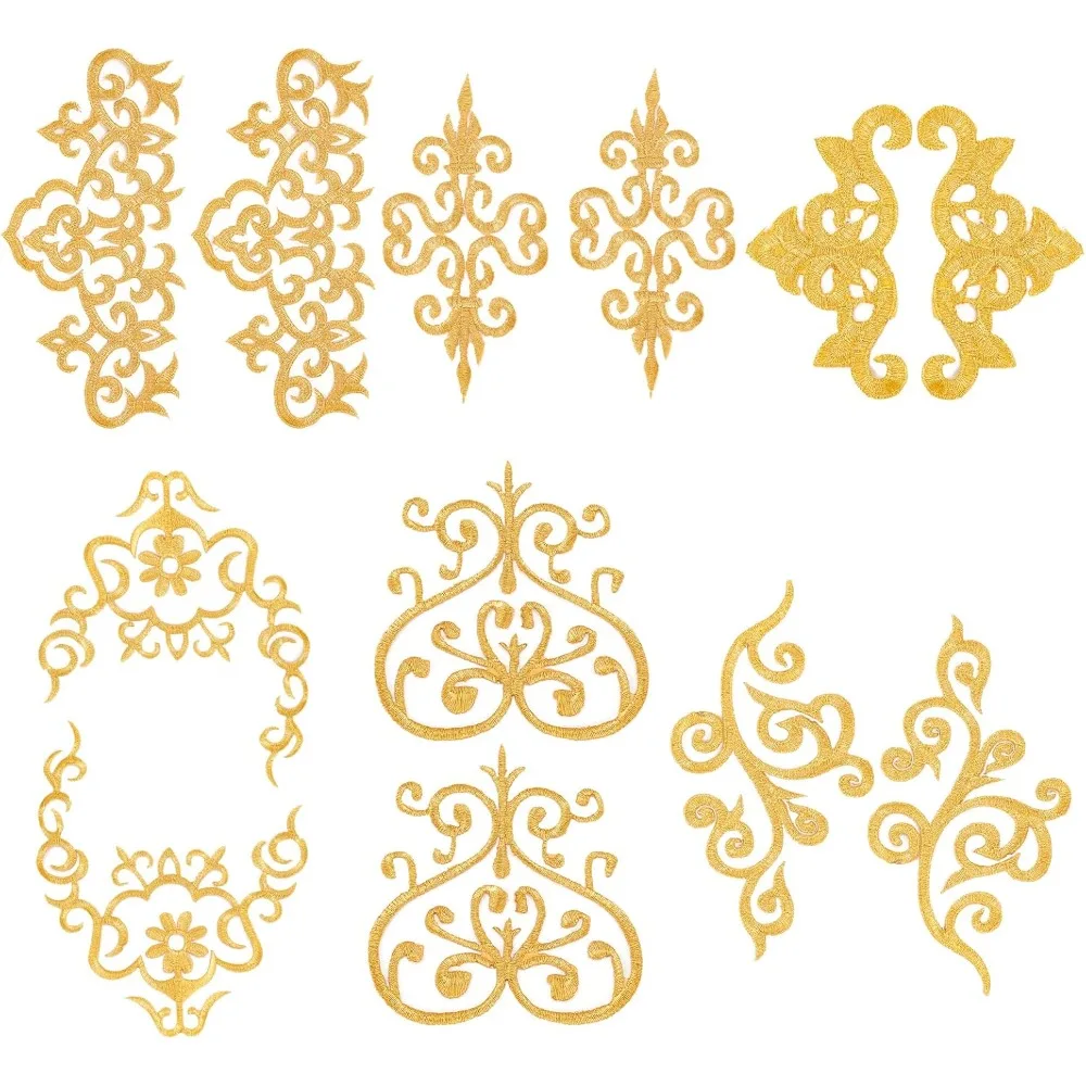 12 Pcs Gold Flower Embroidery Patch, 6 Styles Iron on Patches Sew on Patches Golden Floral Lace Appliques for Wedding Dress