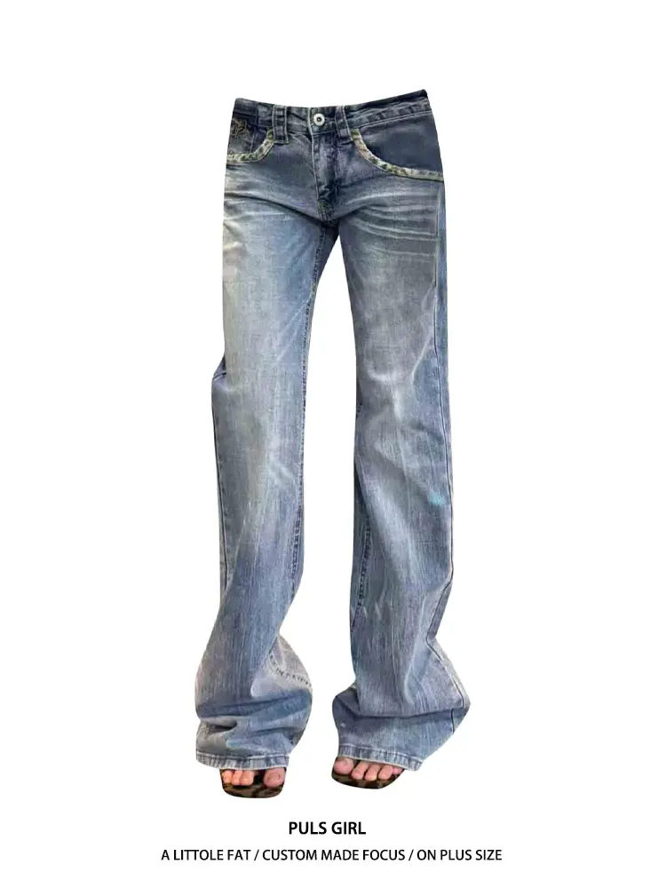 

Ретро-джинсы в американском стиле с леопардовым принтом и пэчворком, с высокой талией, прямого кроя, длиной в пол, для женщин больших размеров