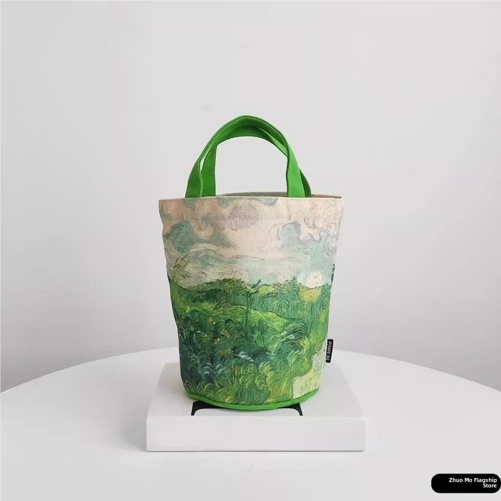 Fashionable Large Capacity Canvas Bucket Bag Artistic Handheld Retro Japanese Style Vincent Van Gogh Starry Night Handbag - view 5