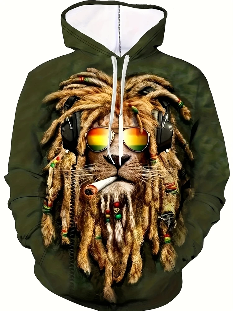 European And American Style Men's Fashion Hoodie New Lion Print Design Comfortable Loose Casual Hat Pull Rope Men's Hoodie