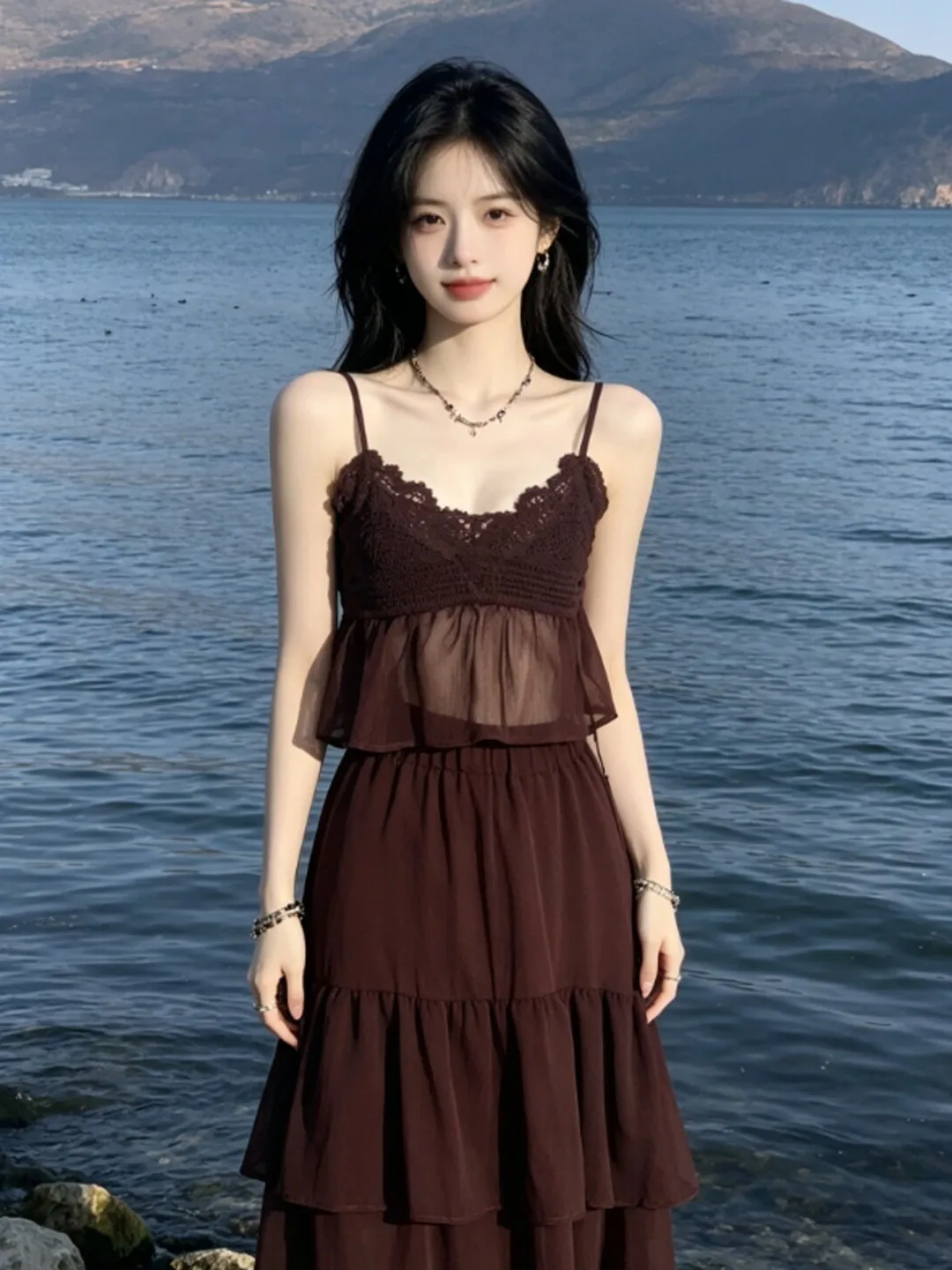 

Retro Style Unique Super Good Looking Halter Top Skirt Two Piece Set Complete OOTD Summer 2026 Women's Fashion Cotton V Neck