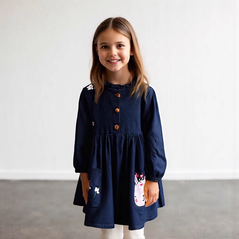 

Джинсовая юбка для девочек Little maven, платье с карманами, ковбойское платье с аппликацией из альпаки для девочек, праздничное платье, осеннее детское платье