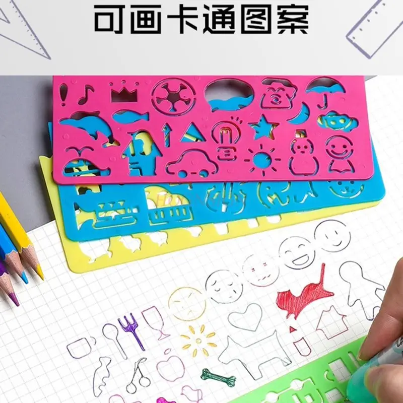 Régua multifuncional 9 tamanhos, régua versátil e versátil, modelo específico macio para estudantes da escola primária conjunto completo de