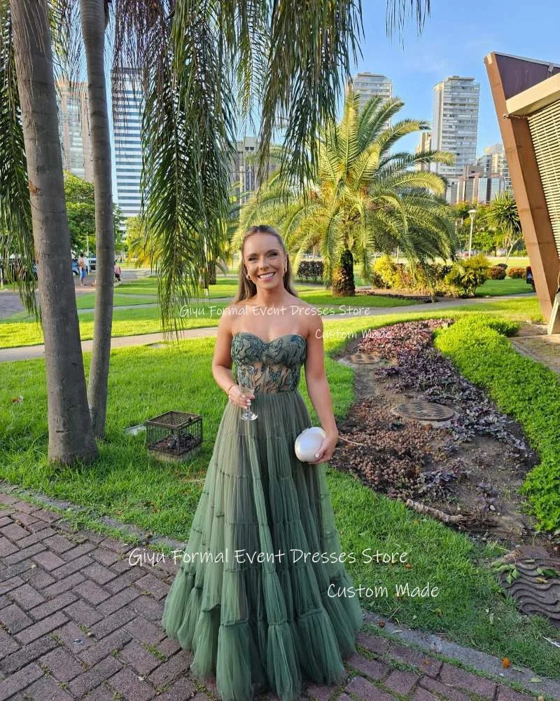 Giyu Elegant Army Green Tulle Evening Dresses Emboidery Beads Sweetheart Tiered Long Prom Gowns Formal Party Dress