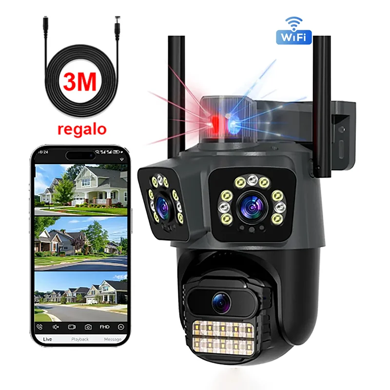 Telecamera IP Ptz da esterno HD a 3 obiettivi da 9 MP: 3 schermi, Wifi, telecamera di sicurezza CCTV wireless, tracciamento automatico, visione notturna 4K, Icsee, impermeabile, sorveglianza e monitor per neonati/animali domestici
