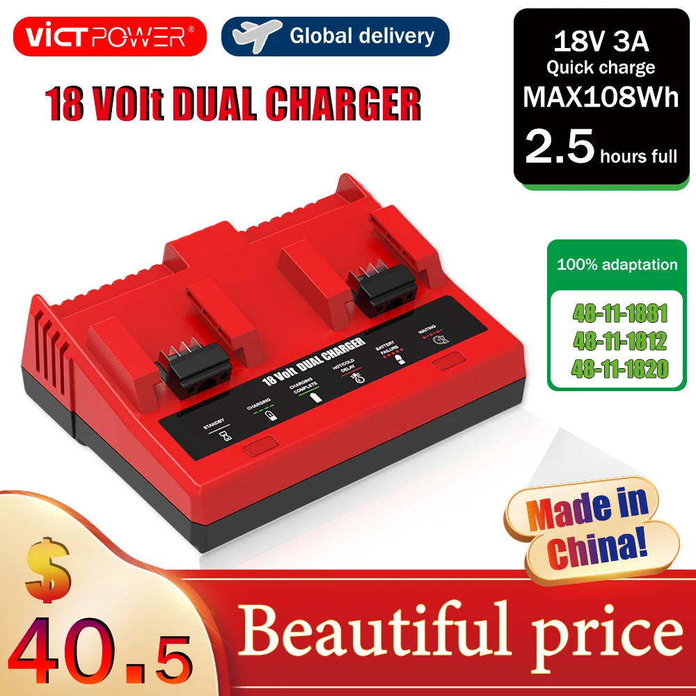 

Victpower Hot Sale-18V Dual Port Battery Charger Replacement For M18 Charger Models 48-59-1802 48-11-1850 48-11-1840 48-11-30 US