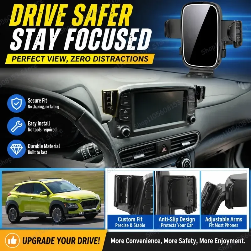 For Hyundai Kona 2017 2018 2019 2020 RHD LHD Clip On Phone Mount Adjustable Stable Car Holder No Shake Dashboard Accessory