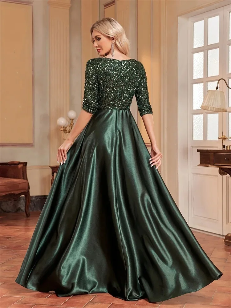 Elegant Short sleeve Sequins Evening Dress 2023 Women Satin Prom Party Green Dress Floor Length Formal Cocktail Gown