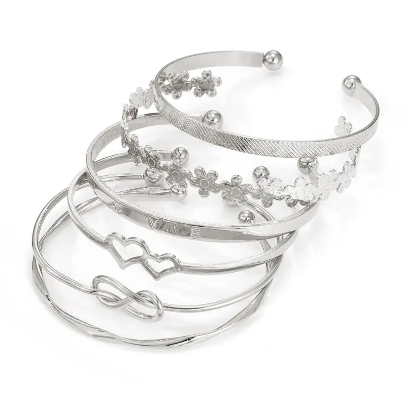 حار بيع سوار مطلي بالذهب والفضة الرجعية مفتوحة الطبقات للنساء، مزيج عصري وتطابق سوار بسيط