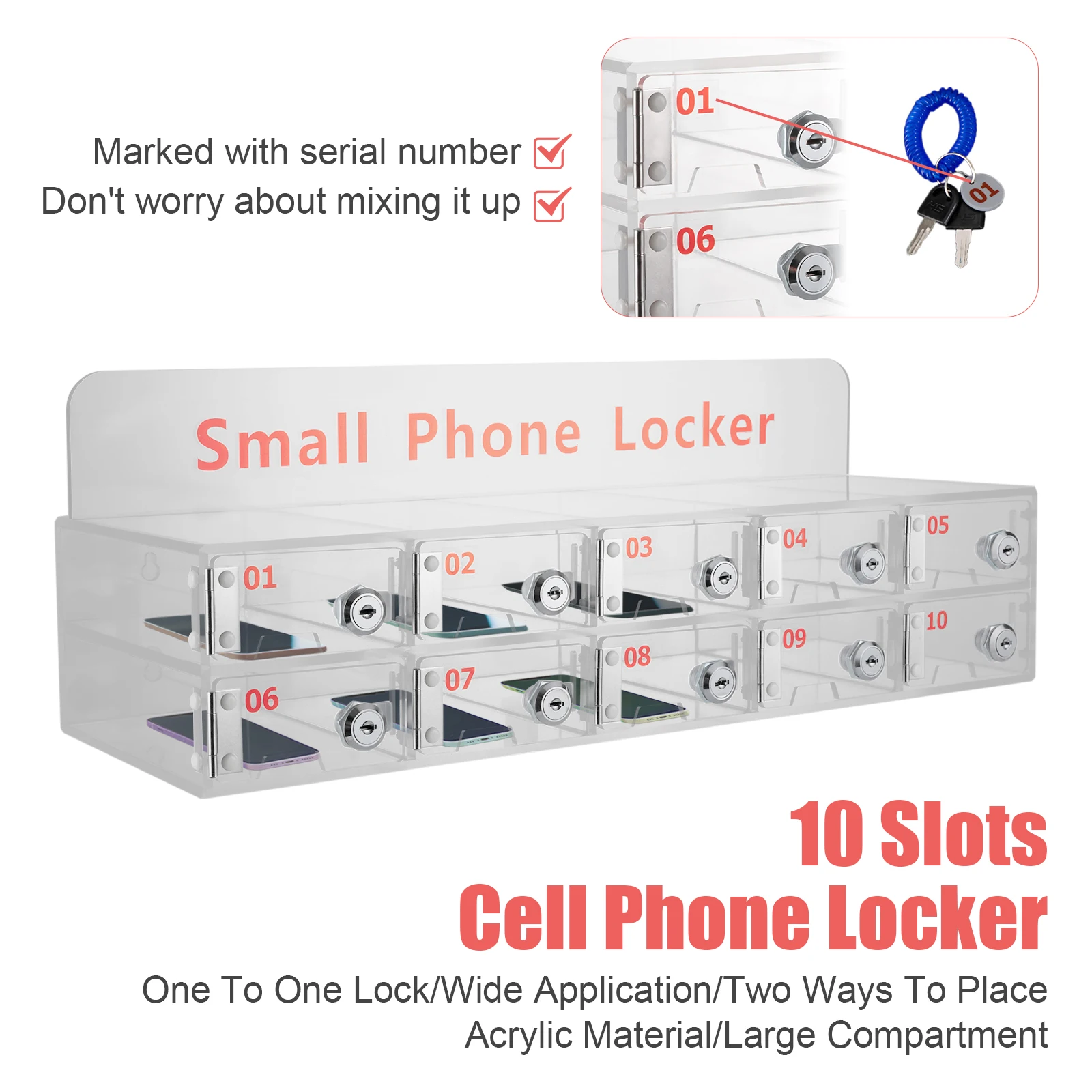 Clear Cell Phone Locker Box with Door Locks and Keys 10-Slot Clear Acrylic Box Wall-Mounted Cell Phones Storage