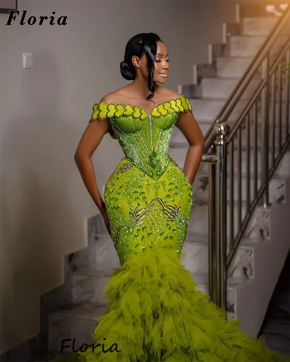 Afrikanische Grün Off Schulter Perlen Abendkleider Aso Ebi Tiered Rock Engagement Party Kleid Vestidos De Cóctel Angepasst
