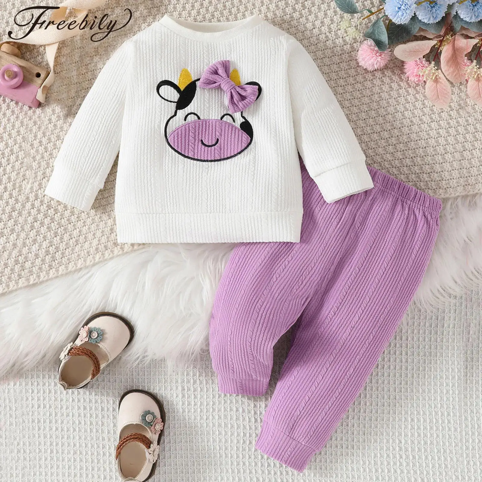 

Комплекты одежды для маленьких девочек, комплект из 2 предметов, весенне-осенний комплект из рубчатых топов с длинными рукавами и вышивкой коровы и брюк, повседневный наряд для прогулок в парке, пикника