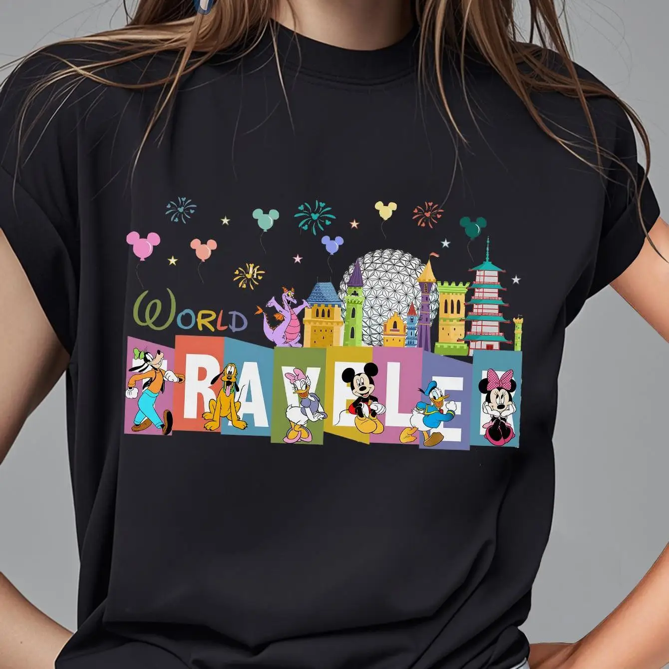 

Women'S Disney Official Mickey Mouse & World Characters Graphic T-Shirt - Black Crew Neck Short Sleeve Top with Mickey, Minnie