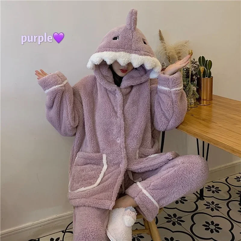 Shark Women\'s Pajamas Flannel Hooded Sleepwear Kawaii Pijama Female Set with Pants Cute Pyjamas Halloween Party Loungewear