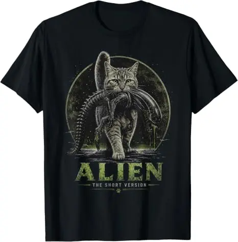 Alien Kurzversion Katze Sci-Fi Horror Parodie Lustiges T-Shirt Y2k UFO Katze Alien Grafik Damen Herren Kleidung Geeks Einzigartiges Neuheiten-T-Shirt – Detail 11