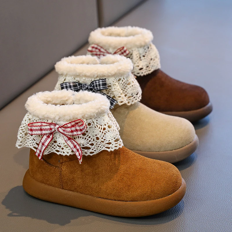 

2025 Girls Lolita Princess Plush Boots Winter New Kids Fashion Ankle Boots Warm Causal Children Outdoor Cotton Boots Side Zipper