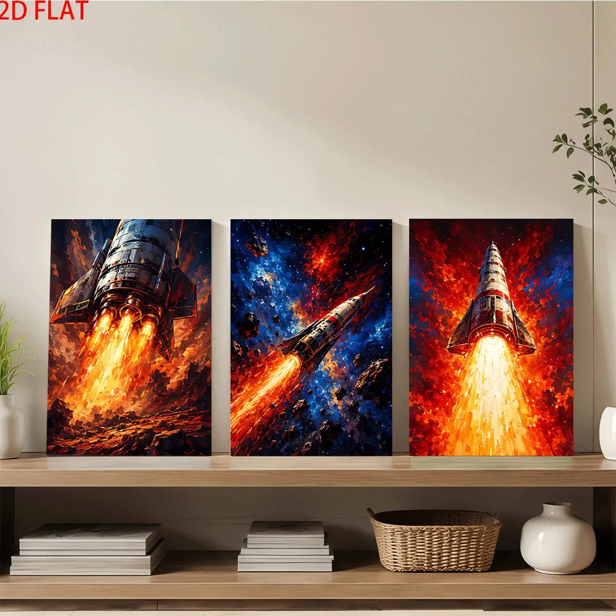 Frameless Canvas 2D Flat 3pc Wall Art – Three Canvas Paintings Of Rockets Launching With Fiery Trails In Space Scenes Perfec