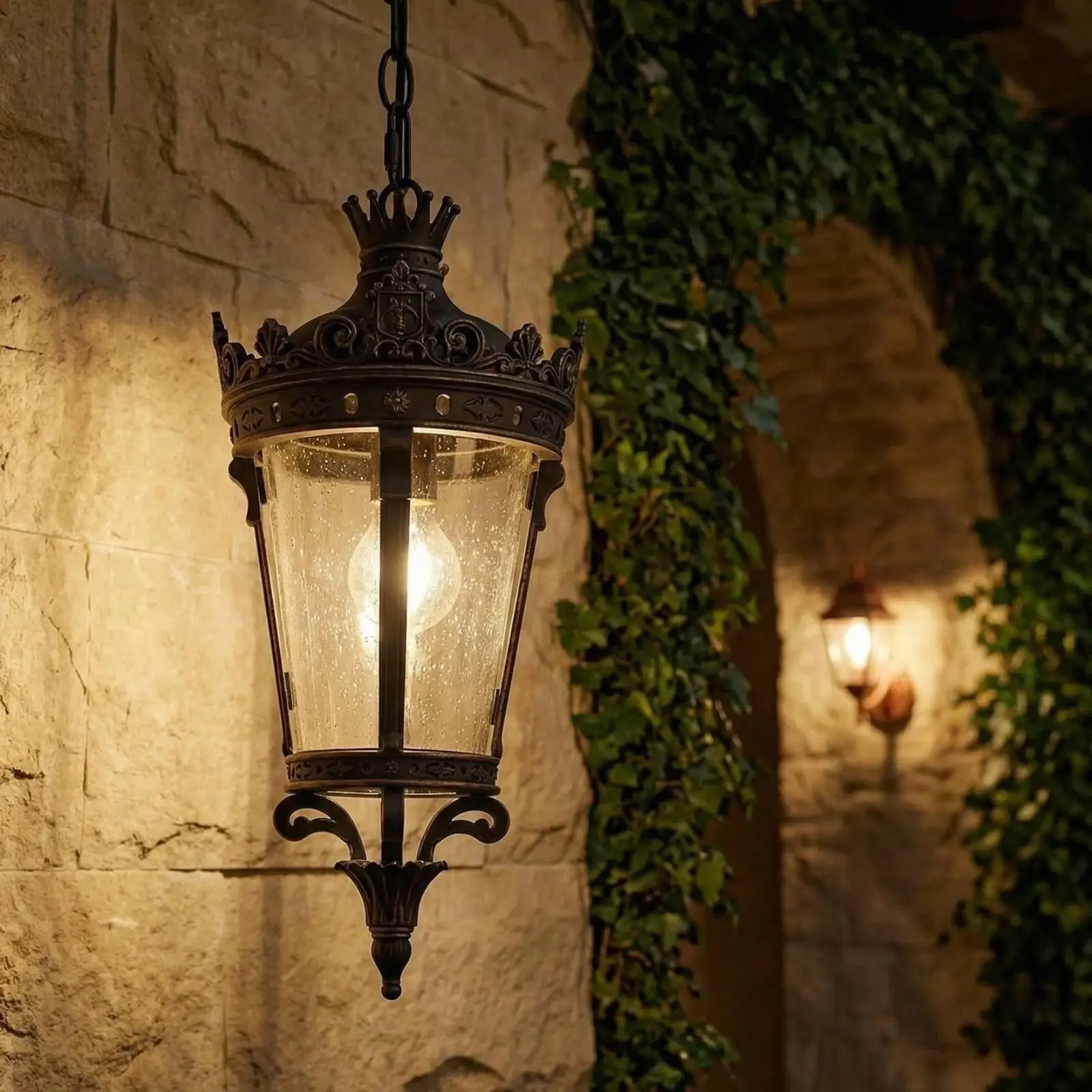 Outdoor Lantern Hanging Vintage Style Wall Lamp Glass Panel Decorative Lighting for Entryway Porch Villa Corridor