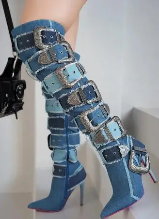 

Blue Jeans Denim Big Metal Belt Buckles Pointed Toe Hidden Zipper Thin Heels Knee High Boots Women Punk Style Patchwork Boots