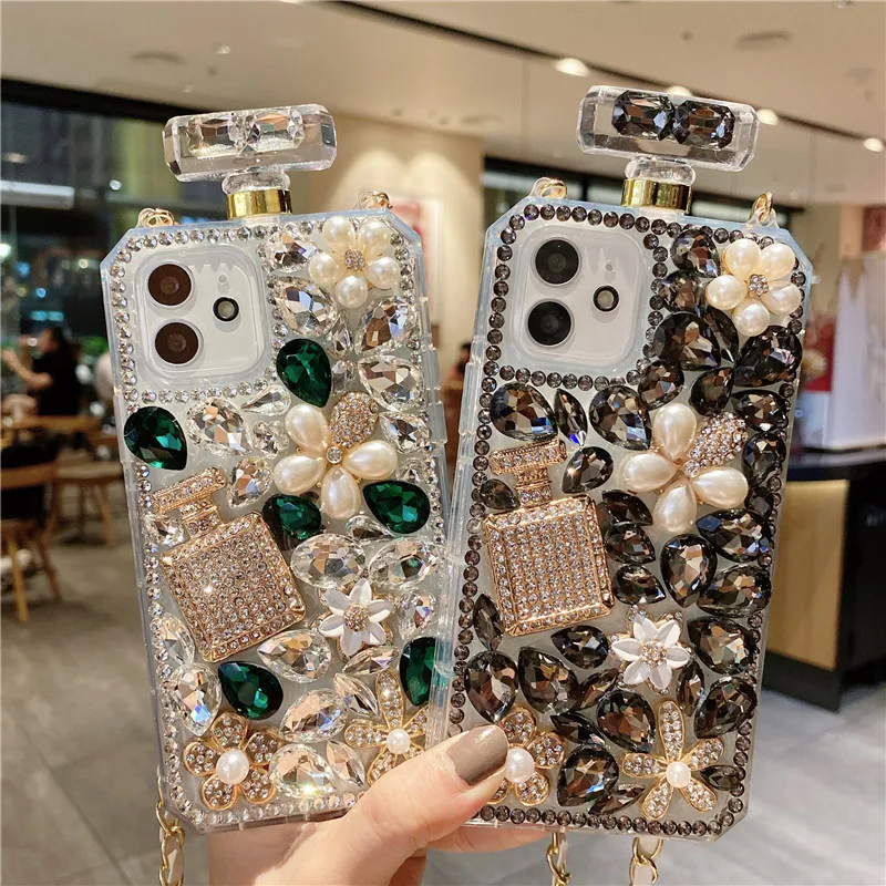 

Crossbody Rhinestone Perfume Bottle Shape Phone Cover For iPhone 15 14 Pro Max 13 12 11 XR XS 8 Plus Pearl Crystal Flowers Case