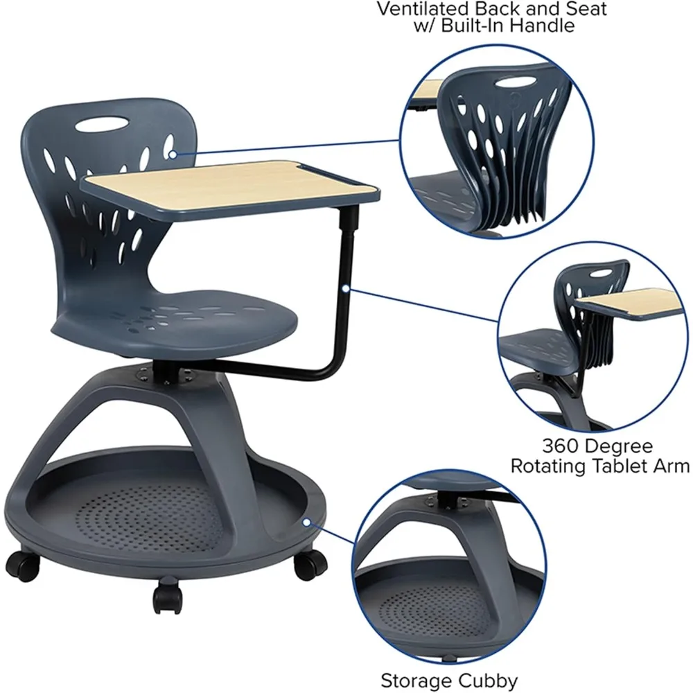 Silla de oficina móvil con tableta giratoria de 360 grados, asiento de almacenamiento para aulas y estudio, color gris oscuro