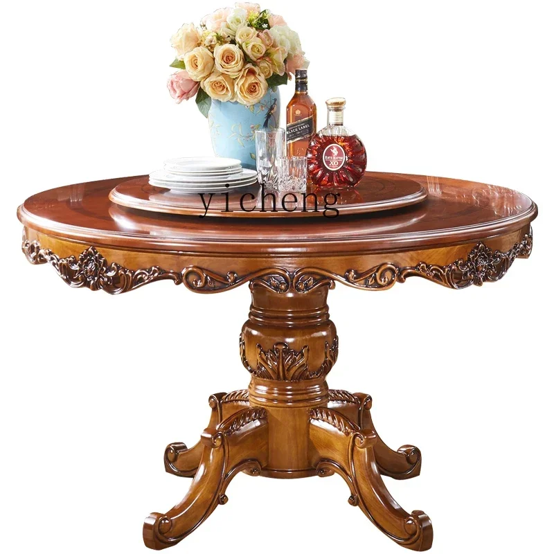 

European solid wood dining table restaurant complete set of furniture combination American round table dining