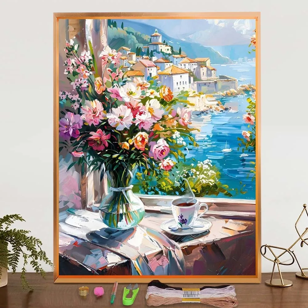 

Window Flowers Embroidery Kit For DIY Crafts With Cotton Thread Needlework Seaside Town Printed Cross Stitch Kit DIY Gift