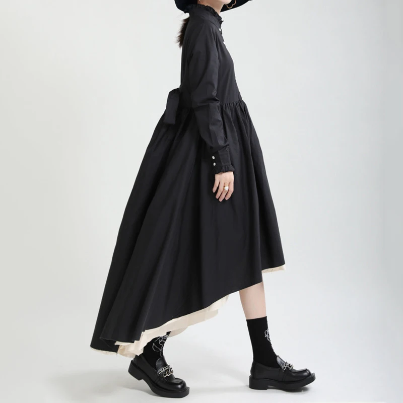 HKSH Spring Autumn New Women's Long Dress Stand Collar Multi-layer Patchwork Contrast Color Pleated Elegant Chic Dresses HK15703