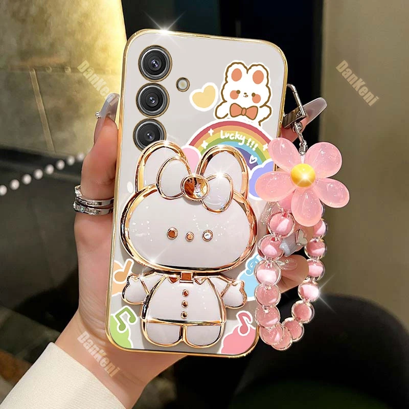 A55 Lucky Rabbit Holder Bracelet Plating Phone Case For Samsung A55 A53 A51 A52 A50 A52S A54 A50S A30S A72 A71 A73 A91 A34 Cover