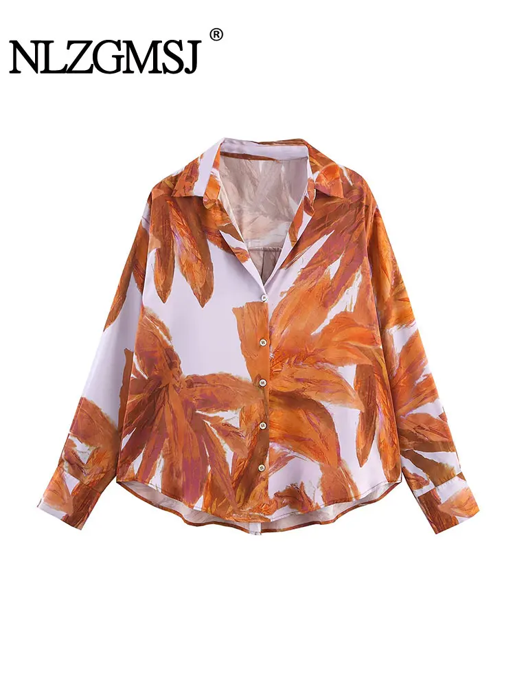 

NLZGMSJ Women's Shirts Casual Chic Print Turn-down Collar Single-Breasted Loose Blouse Fashion Spring Autumn Top