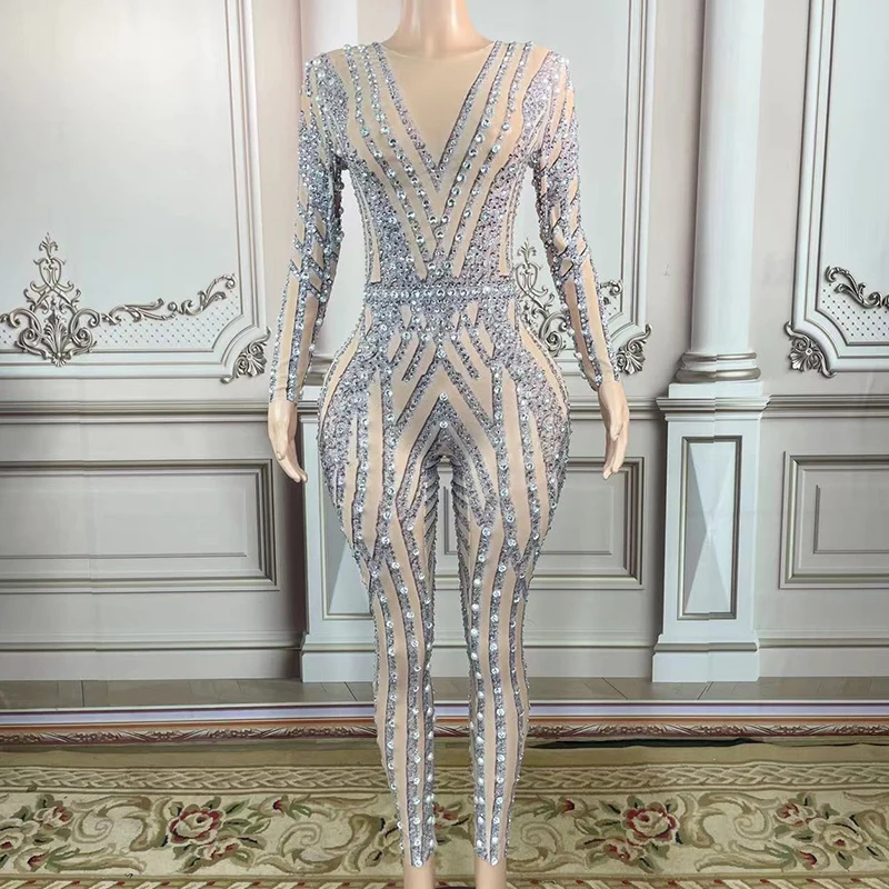 

Rhinestone Sexy Sparkly Mesh Transparent Jumpsuit Long Sleeve Birthday Party Outfit