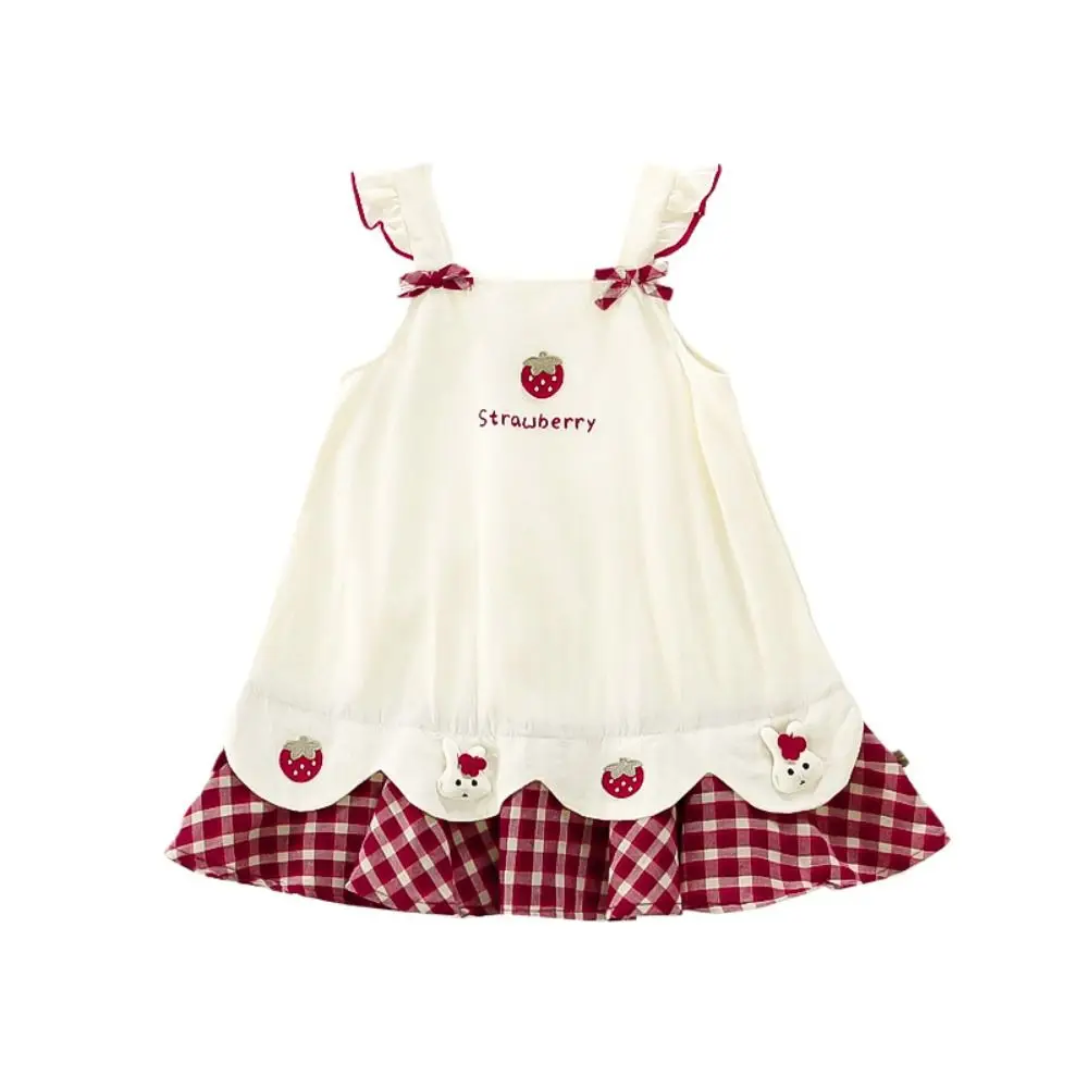 Strawberry Embroidery Girls Summer Dress Gingham Plaid Sleeveless Toddler Sundress Bow Straps Scalloped Hem Princess Dress