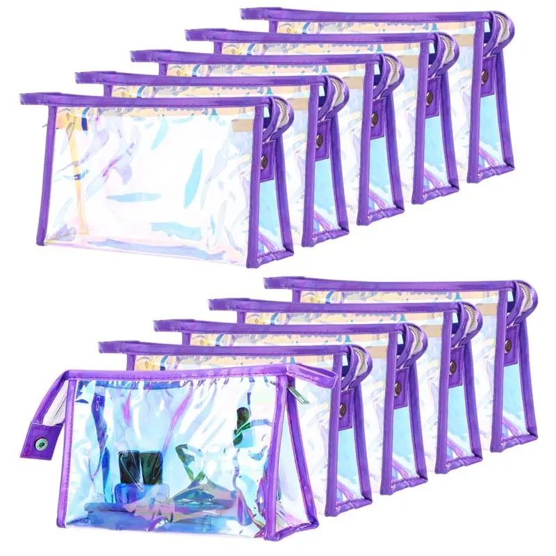 10Pcs/Set Holographic Makeup Bags Gift Bags Clear Iridescent Makeup Bags Portable Zippered Waterproof Toiletry Cosmetic Bags