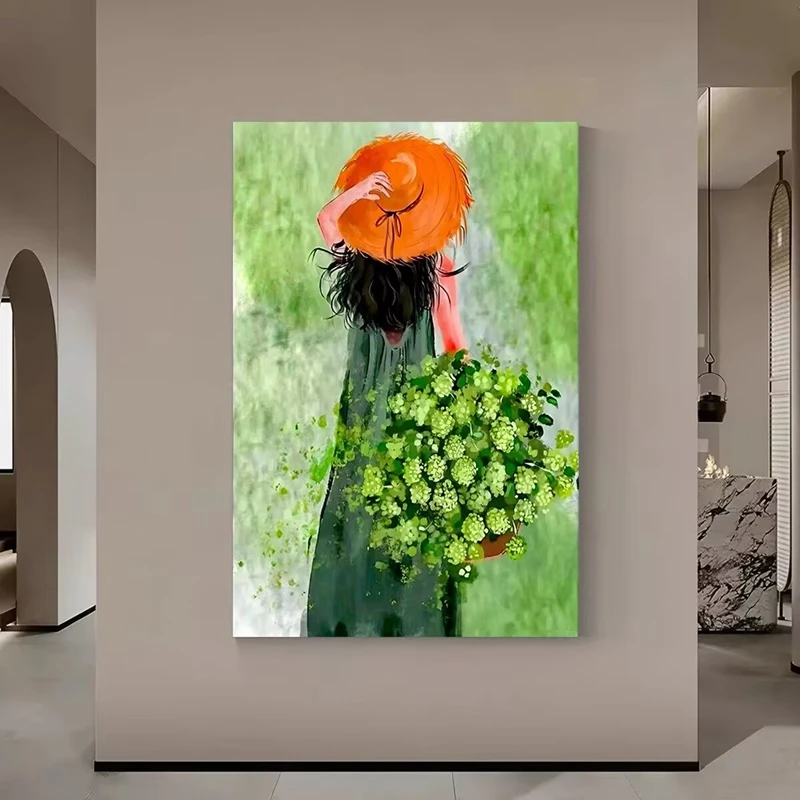Rural Style Girl Fresh Decoration Handmade Oil Painting Living Room Sofa Background Wall Hanging Mural Foyer Corridor RestauranT
