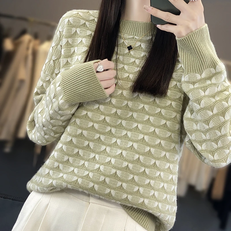 Mixed color knitted women's butterfly needle jacquard sweater 100% wool thick loose lazy style autumn winter round neck pullover