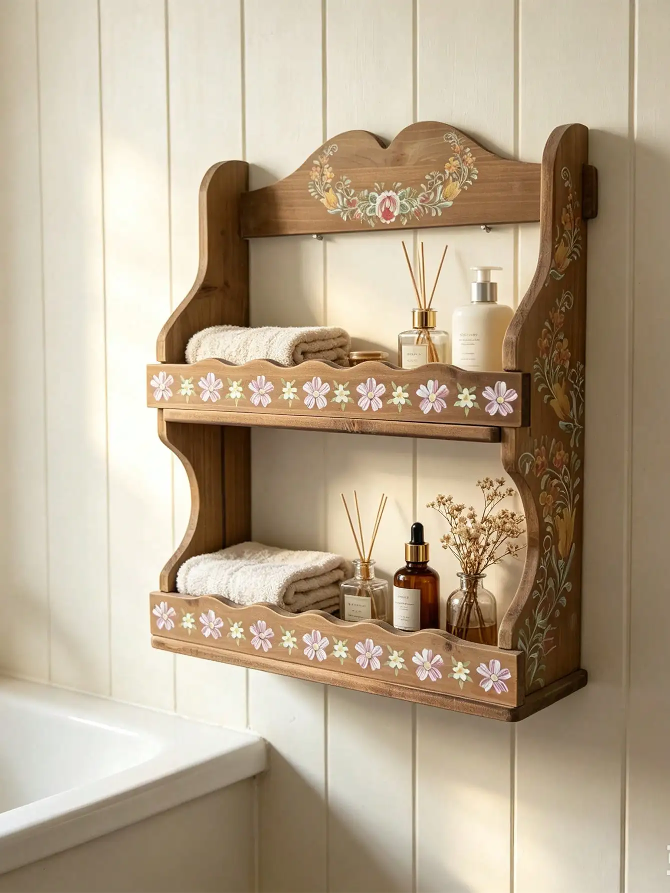 1pc 2-Tier Vintage Floral Hand-Painted Wooden Wall Shelf, Rustic Farmhouse Style Wall-Mounted Storage Rack, Suitable For Bathroom Vanity, Kitchen Spice Rack, Entryway Decorative Hanging Storage, Home Decor, Back To School Gift