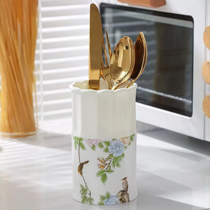 Kitchen Utensil Holder for Countertop, Utensil Crock for Farmhouse Kitchen Decor, Ceramic Stable Utensil Caddy, Floral