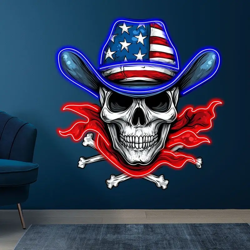 Skull In American Flag Costume Neon Sign, Creative Wall Hanging Neon Light, Whimsical Gift, Halloween Decor