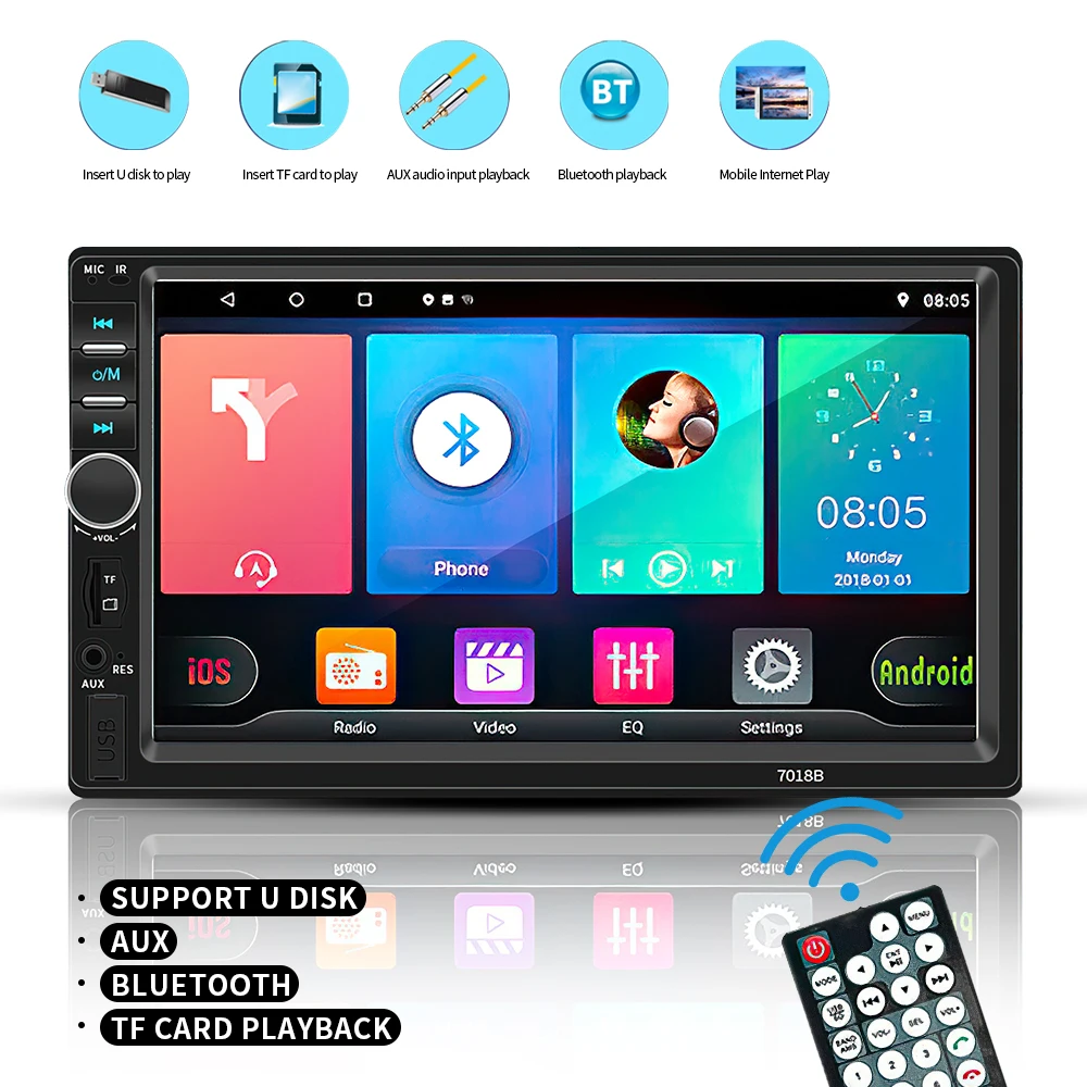 HD In-Car MP5 Card Player 2 Din Stereo 7 Inch 7018B Touch Screen Automotive Multimedia Bluetooth Mirror Link USB / TF Monitor With 12LED Rear Camera