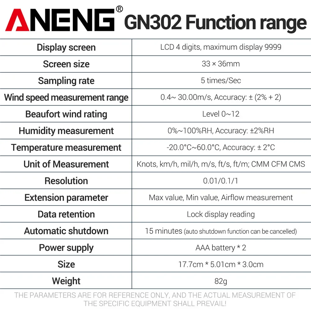 ANENG GN302 Handheld Anemometer 9999 Count Digitaal 0,4 ~ 30,00 m/s Windsnelheidsmeter -20,0C ~ 60,0C Temperatuurtester Anemometro