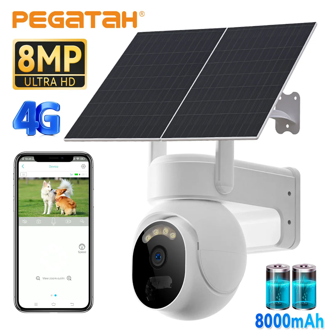

PEGATAH 4G LTE Solar Camera 8MP WiFi Battery Solar Motion Tracking Human Detect Color Night Vision Outdoor PTZ CCTV Camera