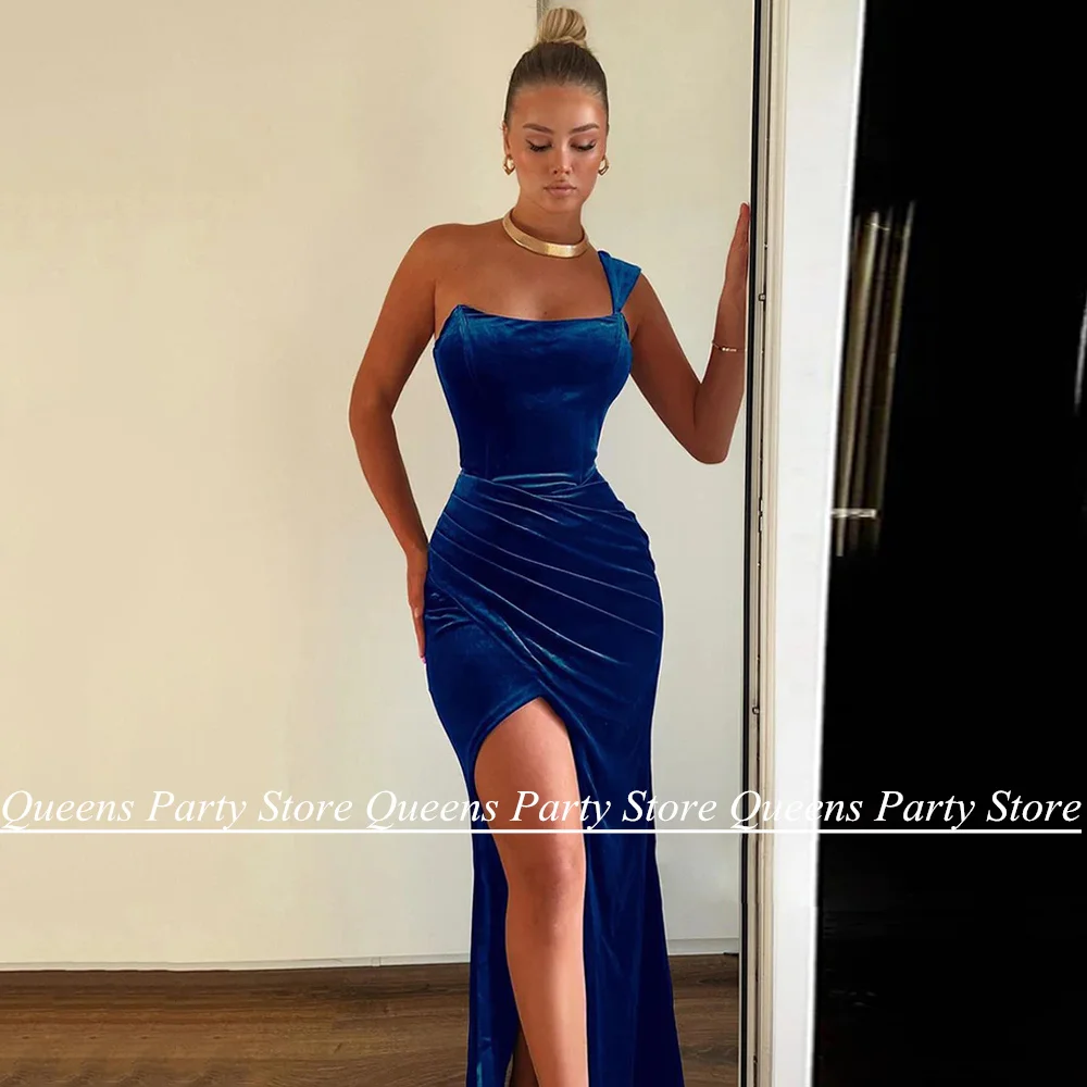 Sexy Velour Evening Dress One Shoulder Sleeveless High Slit Mermaid Party Gown Royal Blue Formal Evening Dresses for Weddings image 3
