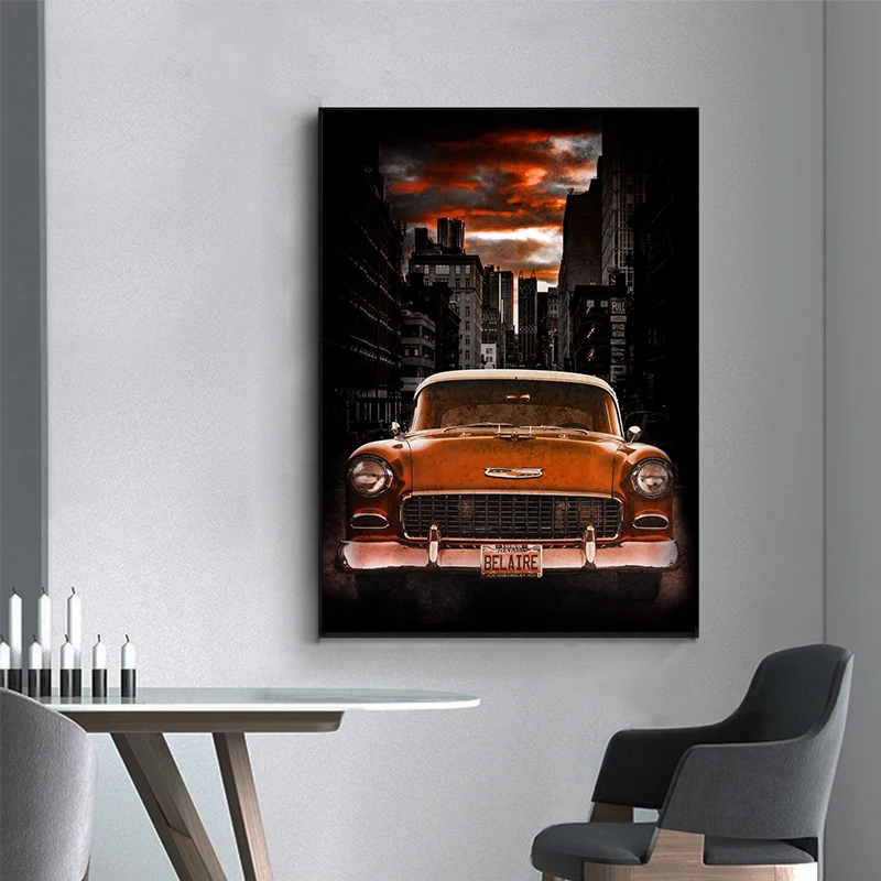 Vintage Car In The City poster Sports car retro car cinematic canvas printing poster wall art decoration painting Home Art decor