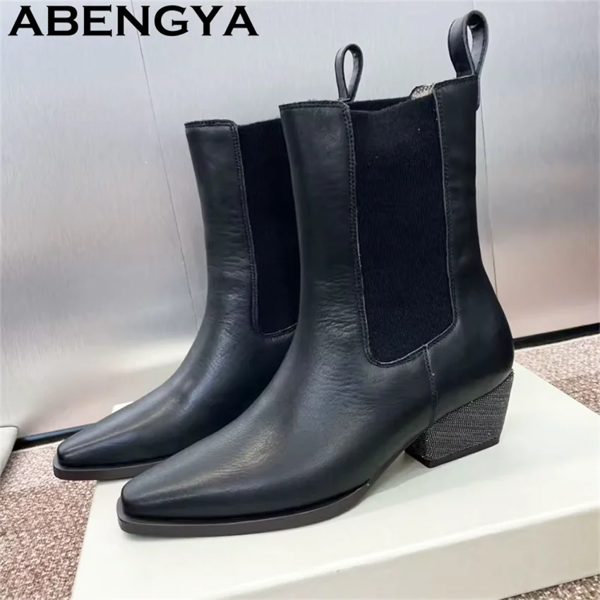 Quality Genuine Leather Pointy Toe Ankle Boots Women Fashion Low Heel Short Boots 2026 Autumn Winter Western Cowboy Knight Boots