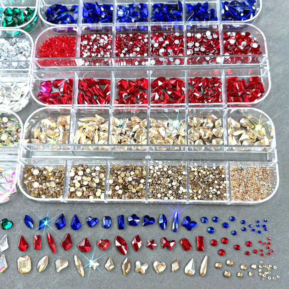 2000 sztuk+ Kryształki do zdobienia paznokci w różnych kształtach, czerwone, szklane diamenty K9, czerwone okrągłe koraliki, ozdoby do paznokci, 12 przegródek, płaskie elementy do paznokci