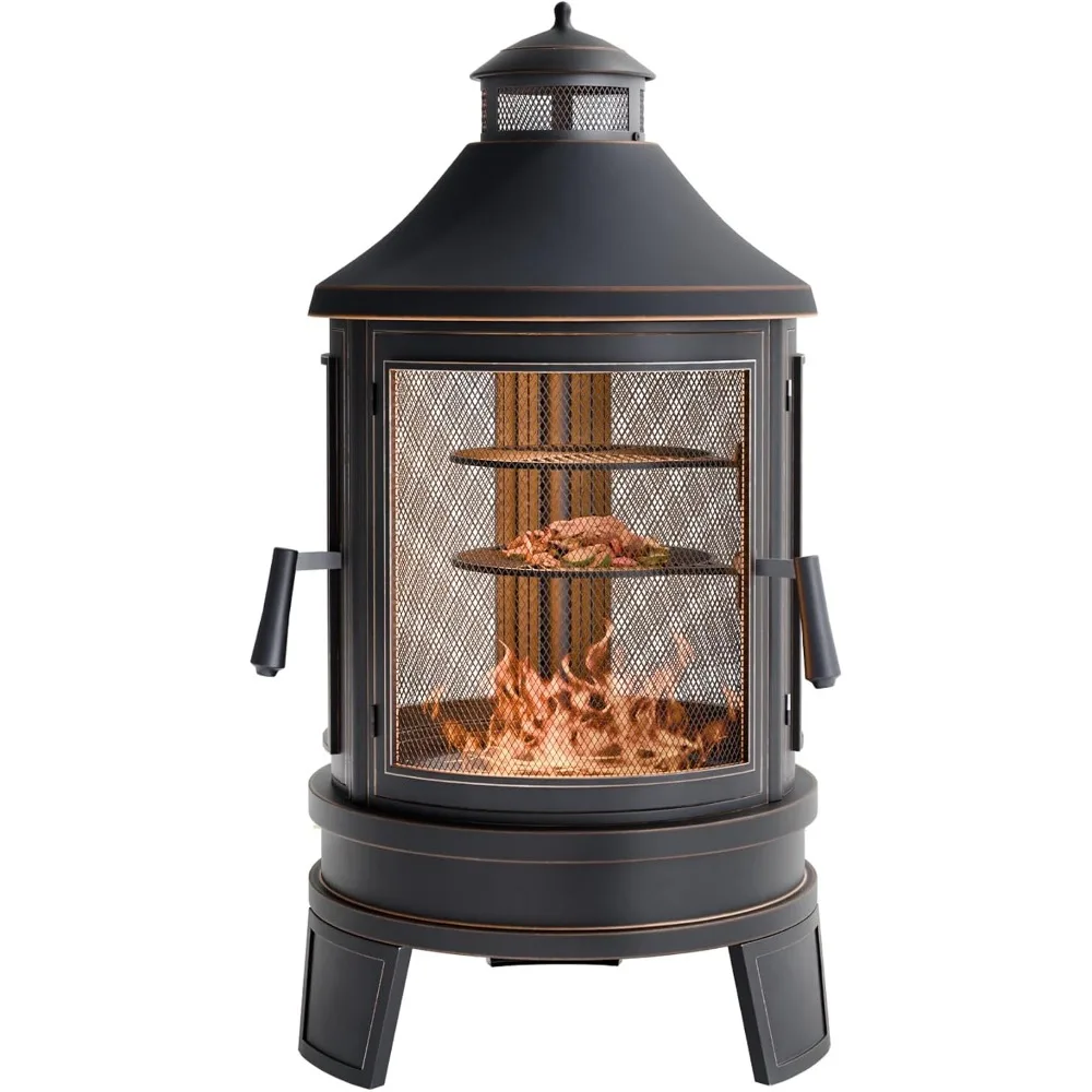 24 Inch Metal Chiminea Fire Pit with Adjustable Grill Tray Spark Screen Door Fire Poker for Patio Garden Backyard Wood Burning
